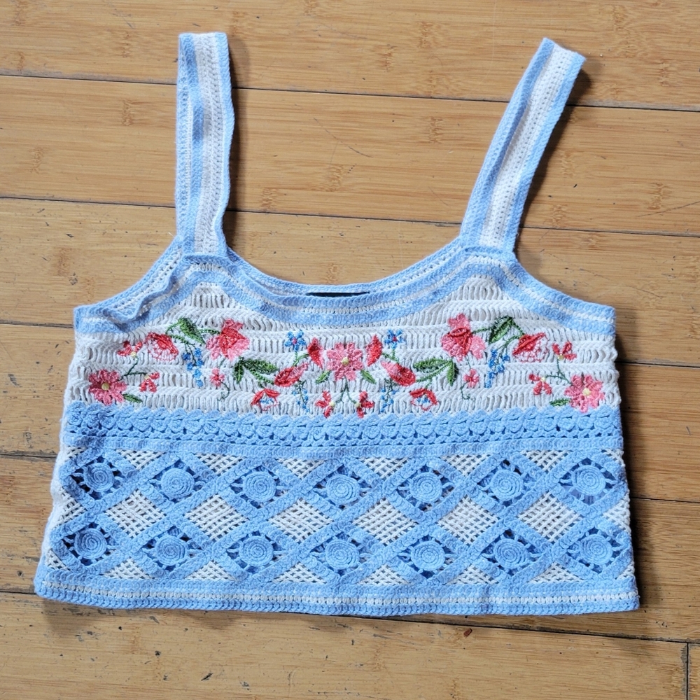 Julia By Love Floral Crochet/Embroidered Cotton Blend Summer Crop Top